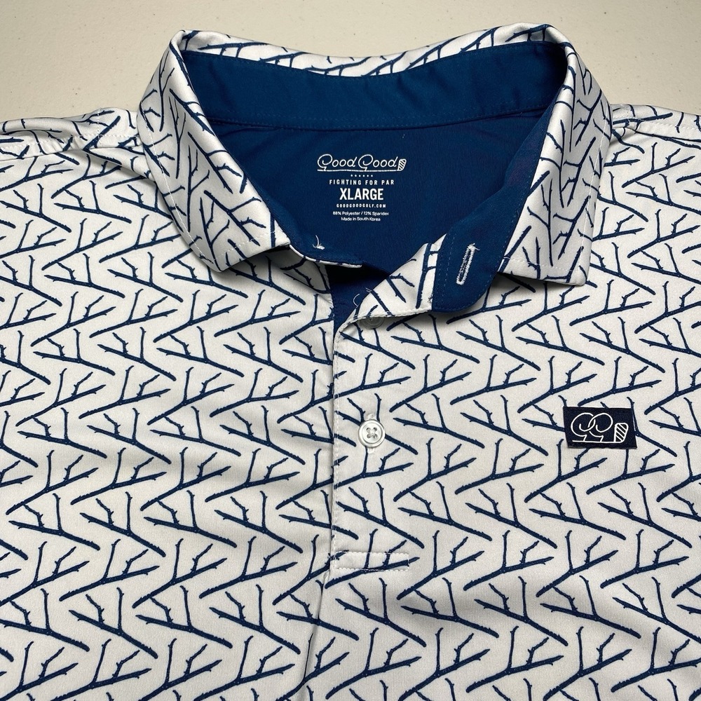 Good Good Golf Polo XL Mens S/S TWIGS AOP White Blue Performance